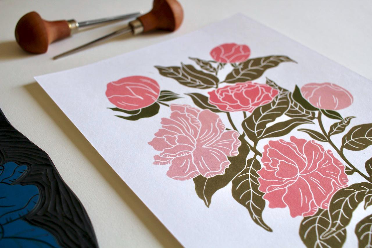 Peonies Linocut Art Print | Beautiful Peony flower bunch linocut artwork / A4 Wall Art Print on Cotton Paper / peony, paeony art print