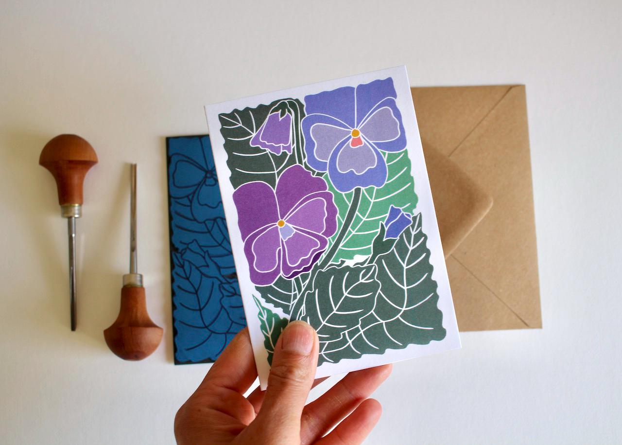 Pansies Linocut Greeting Card / Linocut Pansy Flower Art Card / Blank greeting card / Colourful floral design | Single Card & Envelope