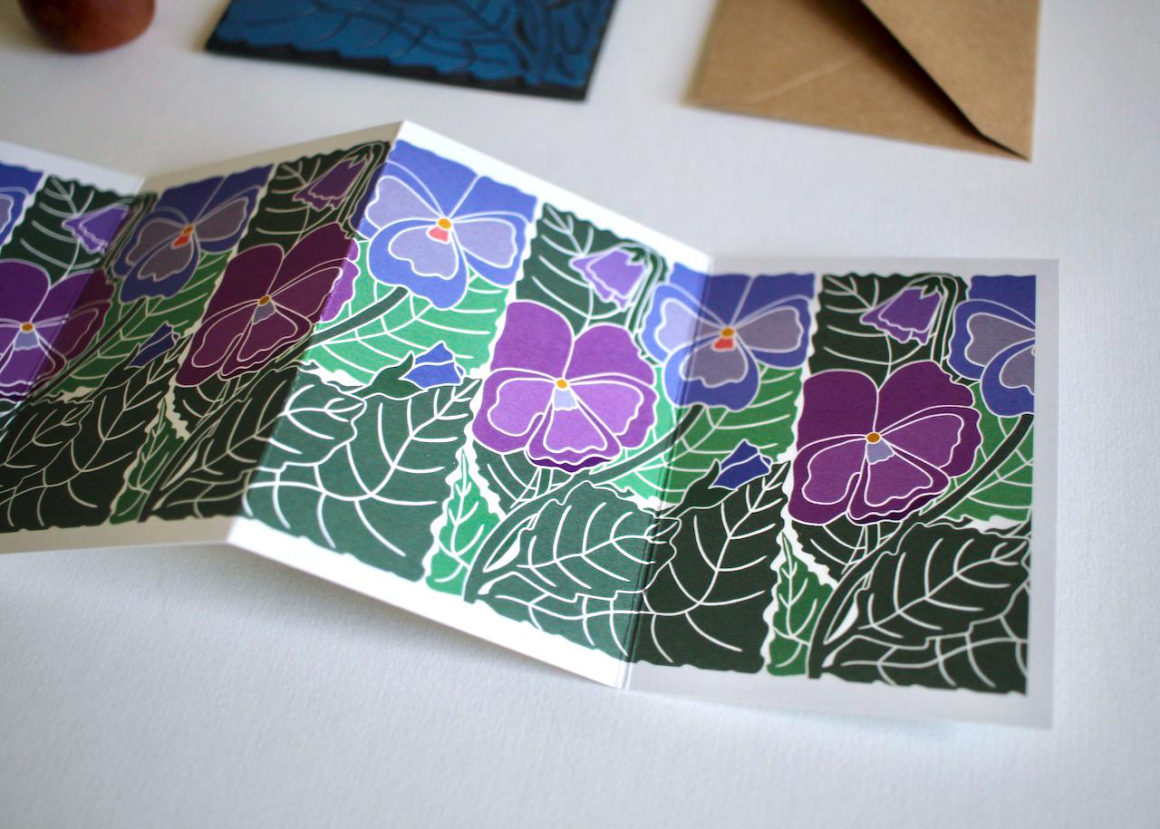 Linocut Pansies Flower Card - Single Concertina Card & Envelope / Lino print flowers card / Pansy flower for love, hope greeting card | A7