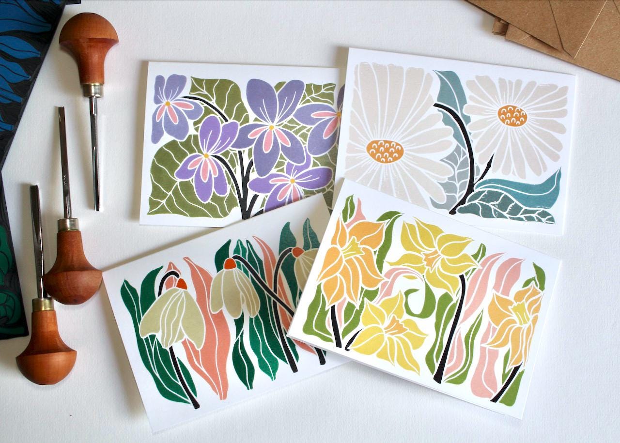 Birth Flower Linocut Note Cards - Set of 12 | Colourful Flowers by month / Standard A6 notelets / Blank correspondence cards & envelopes