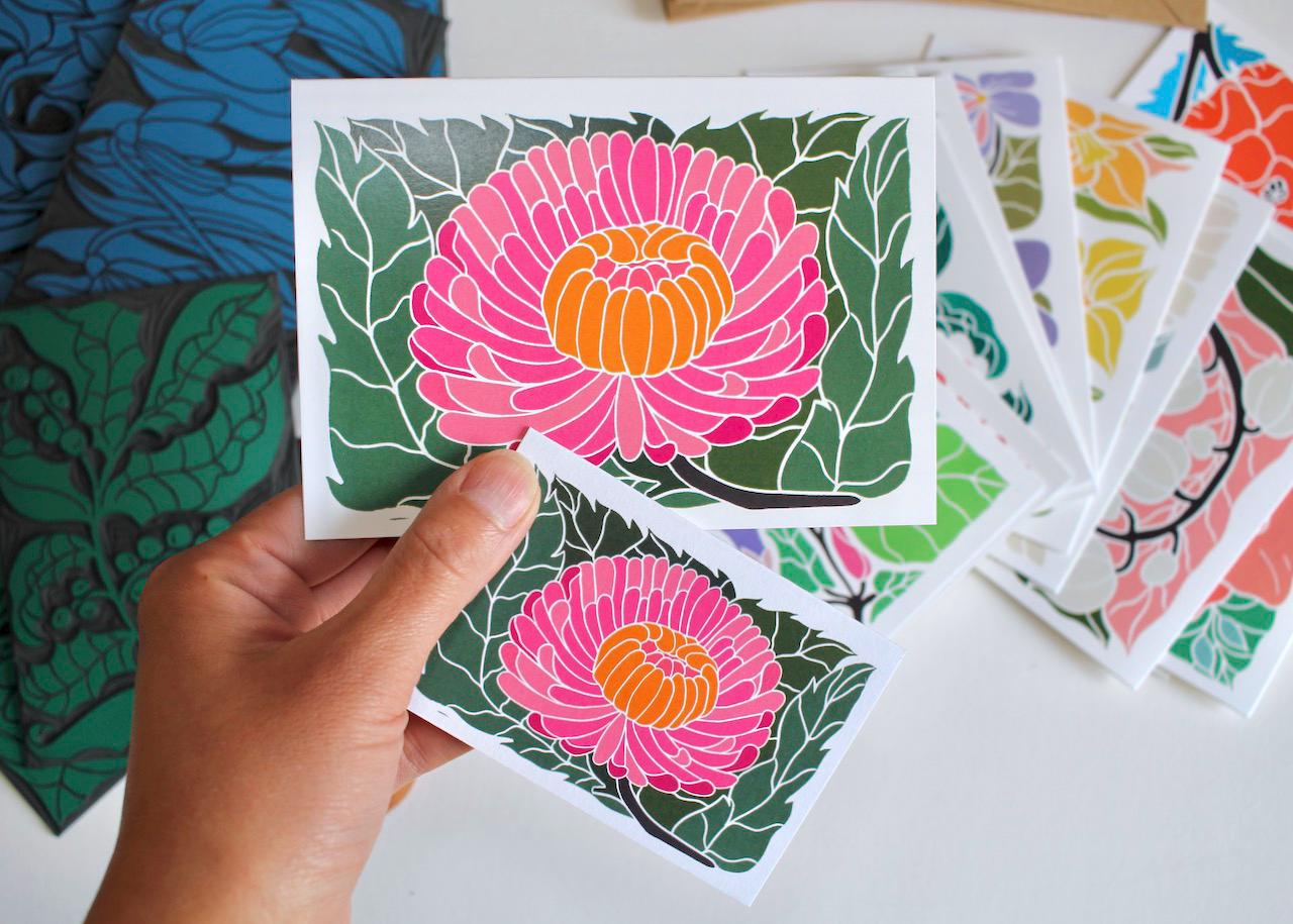 MINI Birth Flower Linocut Note Cards - Set of 12 | Colourful Flowers by month / Small A7 notelets / Blank correspondence cards & envelopes