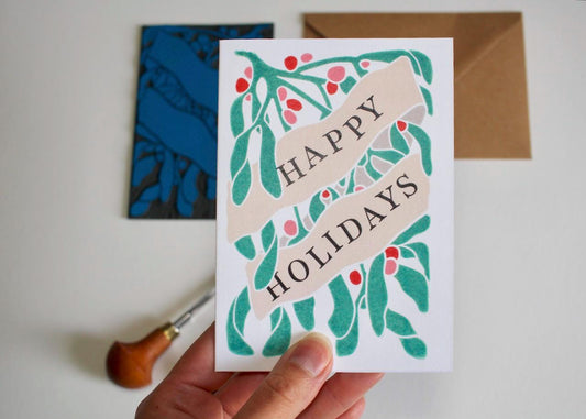 Festive Mistletoe Happy Holidays Card - Single card with envelope / Luxury cotton Christmas card / Modern linocut mistletoe & berries art