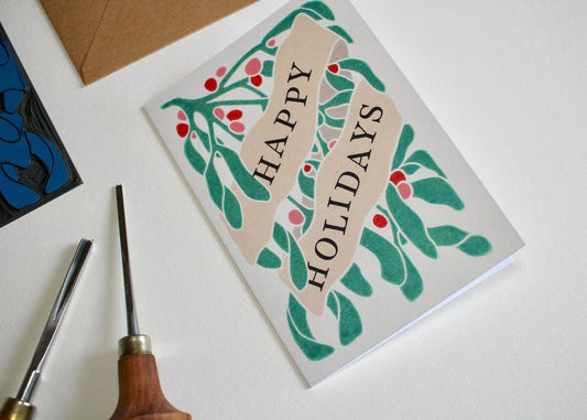 Festive Mistletoe Happy Holidays Card - Single card with envelope / Luxury cotton Christmas card / Modern linocut mistletoe & berries art