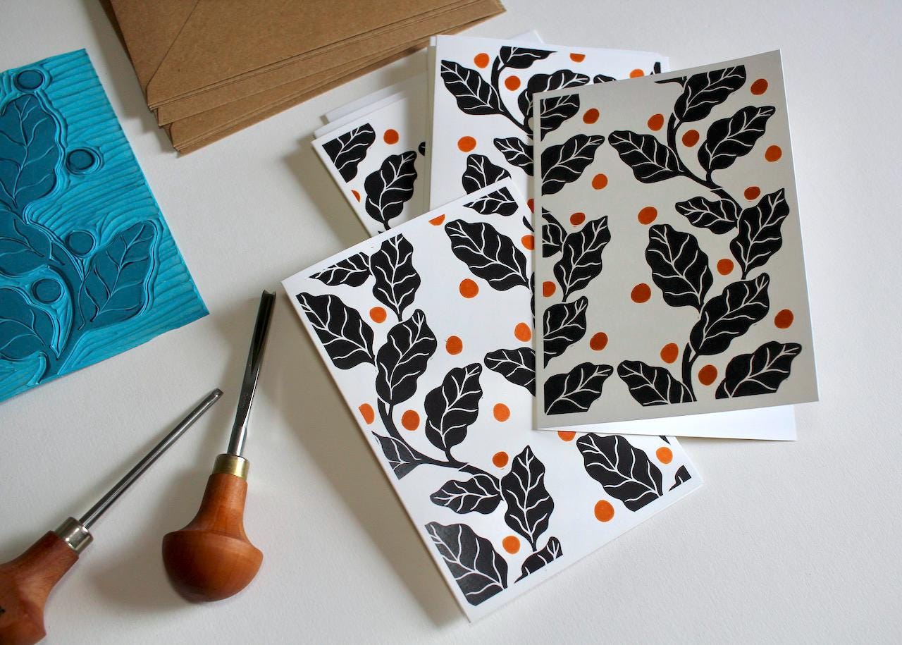 Leaves & Berries Linocut Art Notecards - Set of 8 | Linocut Leaf Note Cards / Thank You Cards / Correspondence cards and envelopes