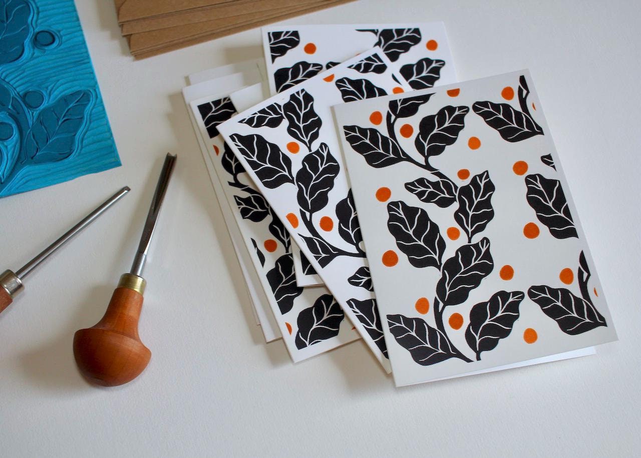 Leaves & Berries Linocut Art Notecards - Set of 8 | Linocut Leaf Note Cards / Thank You Cards / Correspondence cards and envelopes