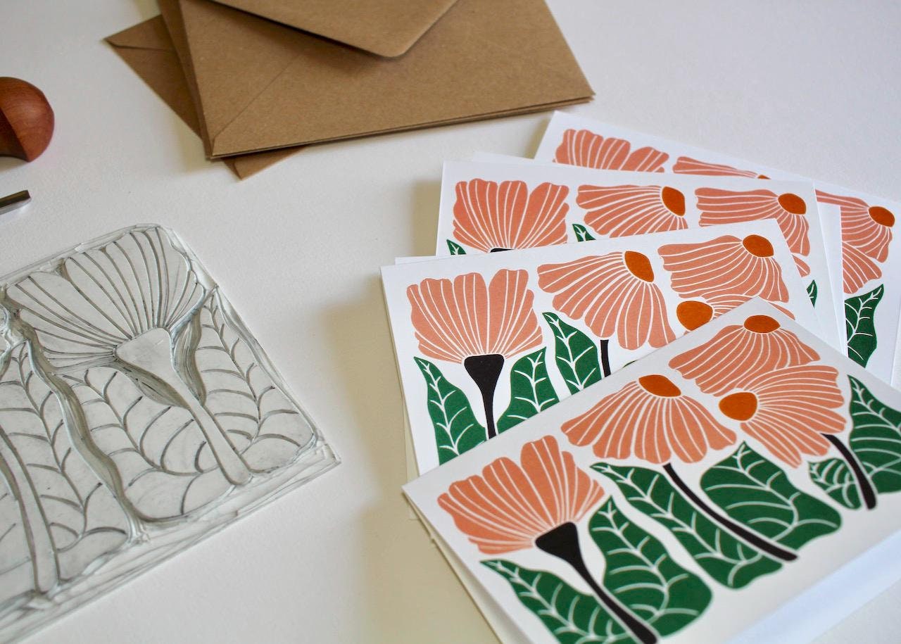 Beautiful Trio Floral Linocut Notecards - Set of 8 | Linocut Abstract Flower Note Cards / Thank You Cards / Correspondence Cards & Envelopes