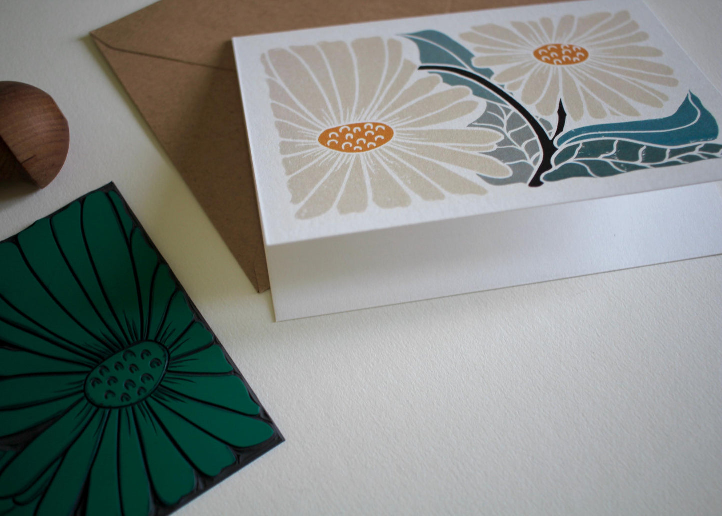 Linocut artwork Garden Daisies / Easter / Spring / April Birthday flower Card / Daisy linocut art Greeting Card - Single Card with Envelope