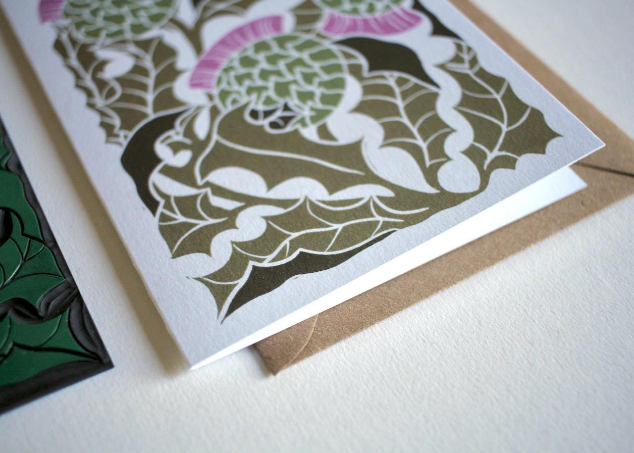 Scottish Thistle Linocut Greeting Card / Birthday Card, Fathers Day, For Her, Gardeners / Thistle Scotland Card - Single Card with Envelope