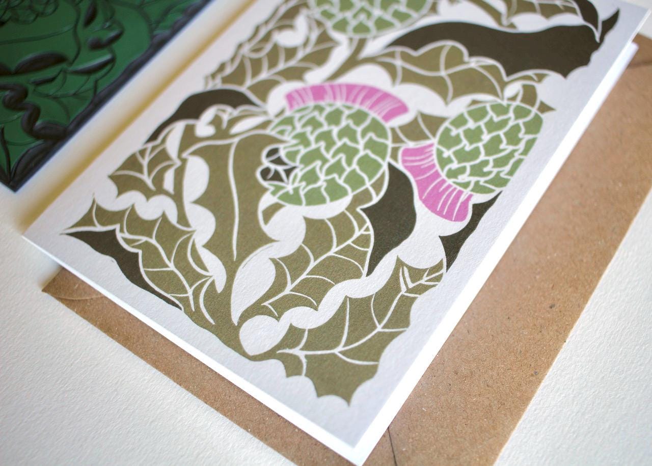 Scottish Thistle Linocut Greeting Card / Birthday Card, Fathers Day, For Her, Gardeners / Thistle Scotland Card - Single Card with Envelope