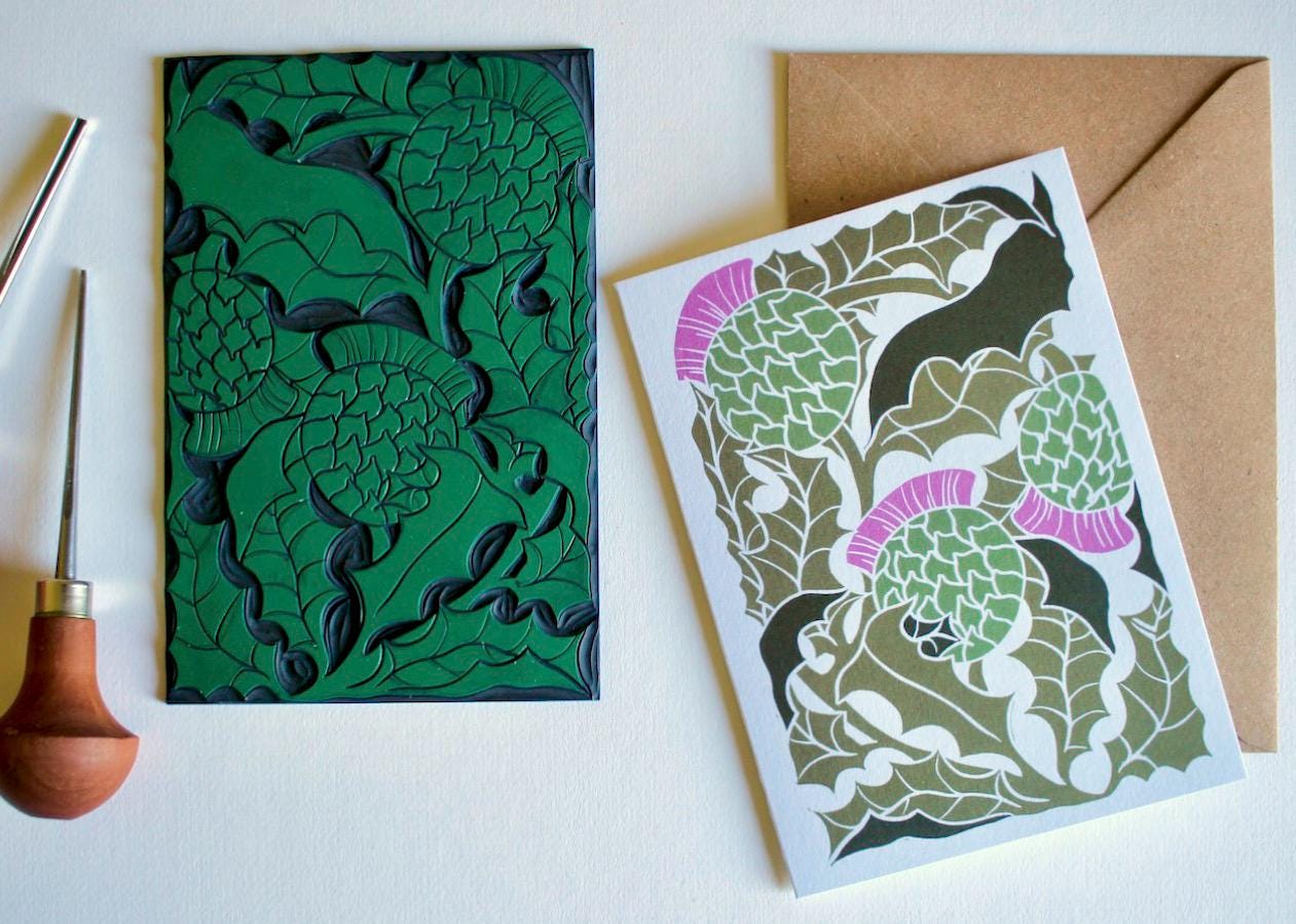 Scottish Thistle Linocut Greeting Card / Birthday Card, Fathers Day, For Her, Gardeners / Thistle Scotland Card - Single Card with Envelope