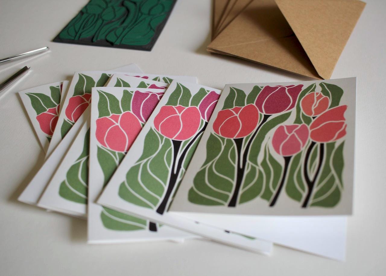 Linocut Tulip Flowers Notecards - Set of 8 | Linocut Romantic Pink Tulip Note Cards / Thank You Cards / Correspondence Cards & Envelopes