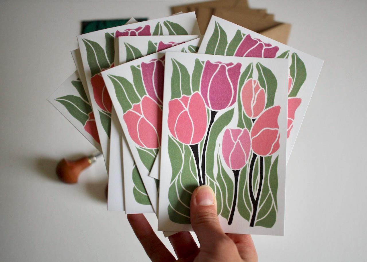 Linocut Tulip Flowers Notecards - Set of 8 | Linocut Romantic Pink Tulip Note Cards / Thank You Cards / Correspondence Cards & Envelopes