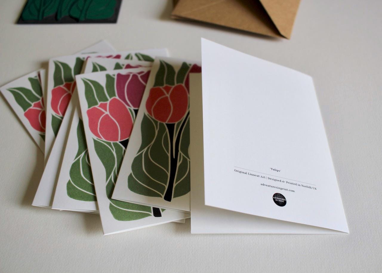 Linocut Tulip Flowers Notecards - Set of 8 | Linocut Romantic Pink Tulip Note Cards / Thank You Cards / Correspondence Cards & Envelopes