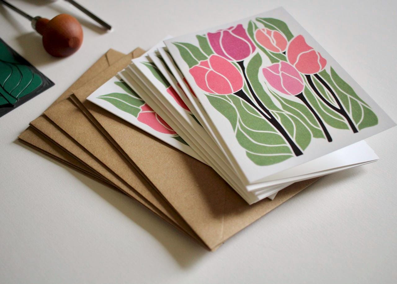 Linocut Tulip Flowers Notecards - Set of 8 | Linocut Romantic Pink Tulip Note Cards / Thank You Cards / Correspondence Cards & Envelopes