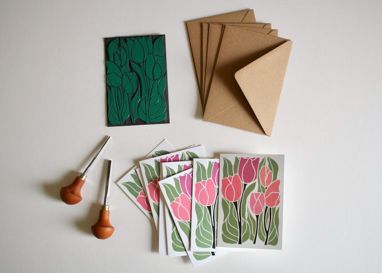 Linocut Tulip Flowers Notecards - Set of 8 | Linocut Romantic Pink Tulip Note Cards / Thank You Cards / Correspondence Cards & Envelopes