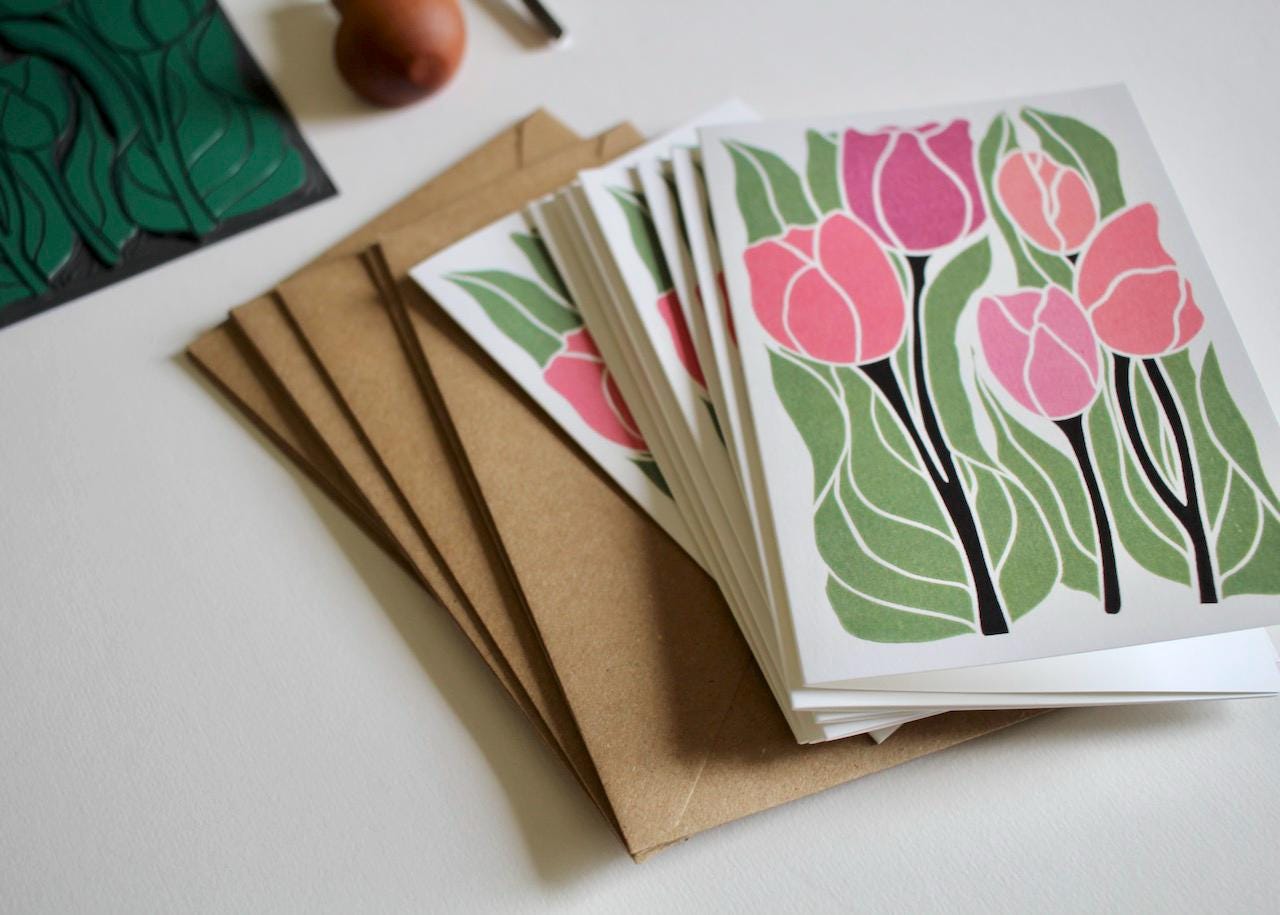 Linocut Tulip Flowers Notecards - Set of 8 | Linocut Romantic Pink Tulip Note Cards / Thank You Cards / Correspondence Cards & Envelopes