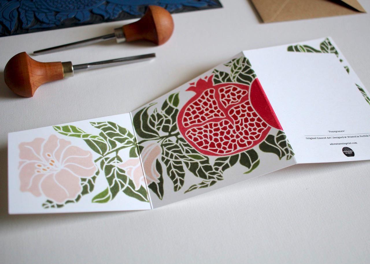 Festive Pomegranate Greeting Card - Single Concertina Card with Envelope / Winter festive fruit, Christmas, double-sided seasonal card