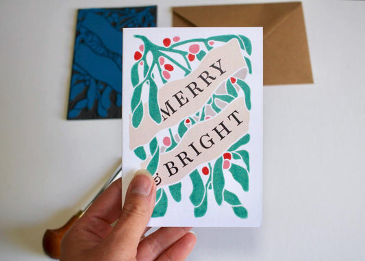 Festive Mistletoe Merry & Bright Card - Single card with envelope / Luxury cotton Christmas card / Modern linocut mistletoe berries art