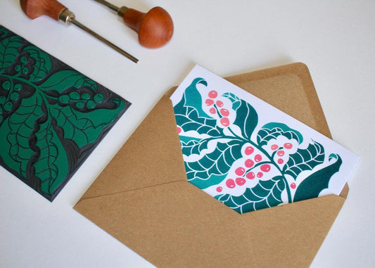 Linocut Holly & Berries Art Card - Single card and envelope / Luxury cotton Christmas card / Lino cut seasonal foliage,December birth flower