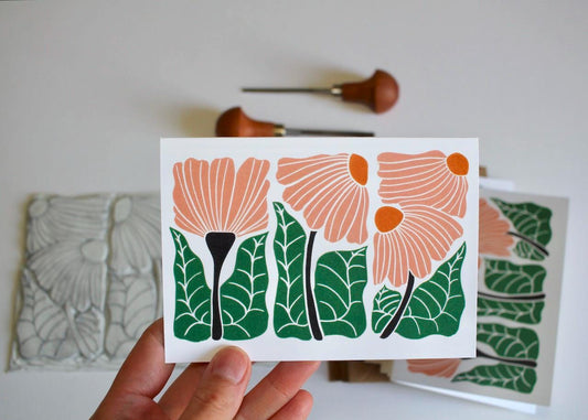 Beautiful Trio Floral Linocut Notecards - Set of 8 | Linocut Abstract Flower Note Cards / Thank You Cards / Correspondence Cards & Envelopes