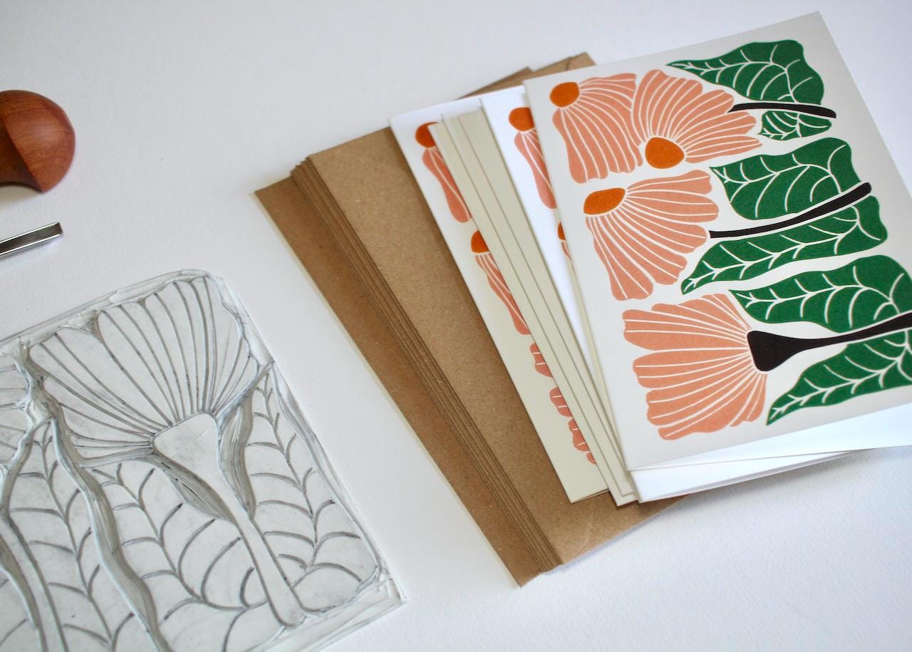 Beautiful Trio Floral Linocut Notecards - Set of 8 | Linocut Abstract Flower Note Cards / Thank You Cards / Correspondence Cards & Envelopes