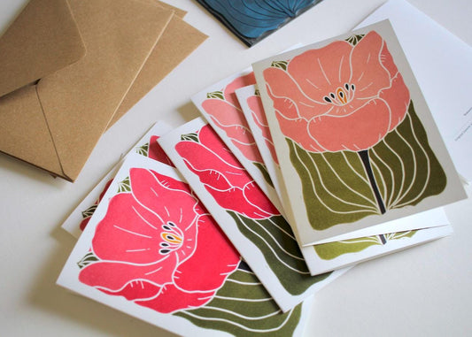 Large Single Tulip Flower Notecards - Set of 8 | Romantic Pink Linocut Tulip Note Cards / Blank Inside / Correspondence Cards & Envelopes