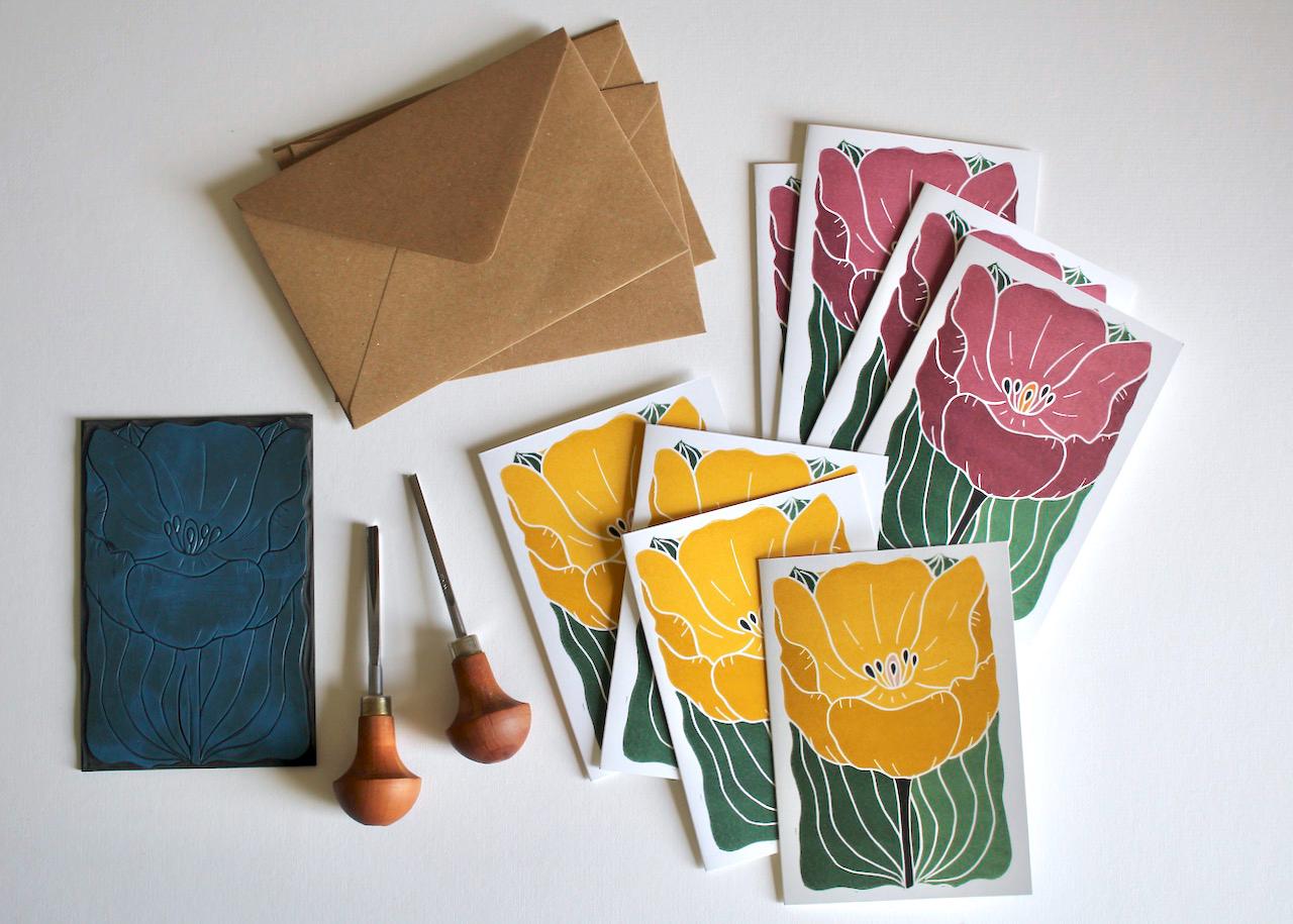 Large Single Tulip Flower Notecards - Set of 8 | Colourful Yellow & Purple Linocut Floral Note Cards / Blank Inside / Correspondence Cards