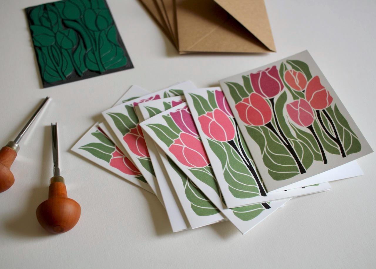 Linocut Tulip Flowers Notecards - Set of 8 | Linocut Romantic Pink Tulip Note Cards / Thank You Cards / Correspondence Cards & Envelopes