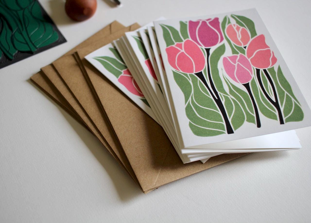 Linocut Tulip Flowers Notecards - Set of 8 | Linocut Romantic Pink Tulip Note Cards / Thank You Cards / Correspondence Cards & Envelopes