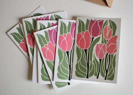 Linocut Tulip Flowers Notecards - Set of 8 | Linocut Romantic Pink Tulip Note Cards / Thank You Cards / Correspondence Cards & Envelopes