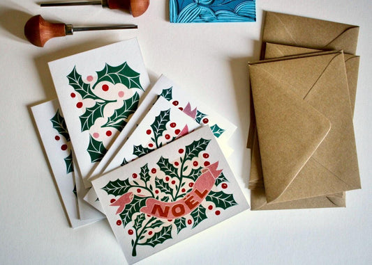 Linocut Holly Leaves Christmas Card Set - Pack of 6 & Envelopes