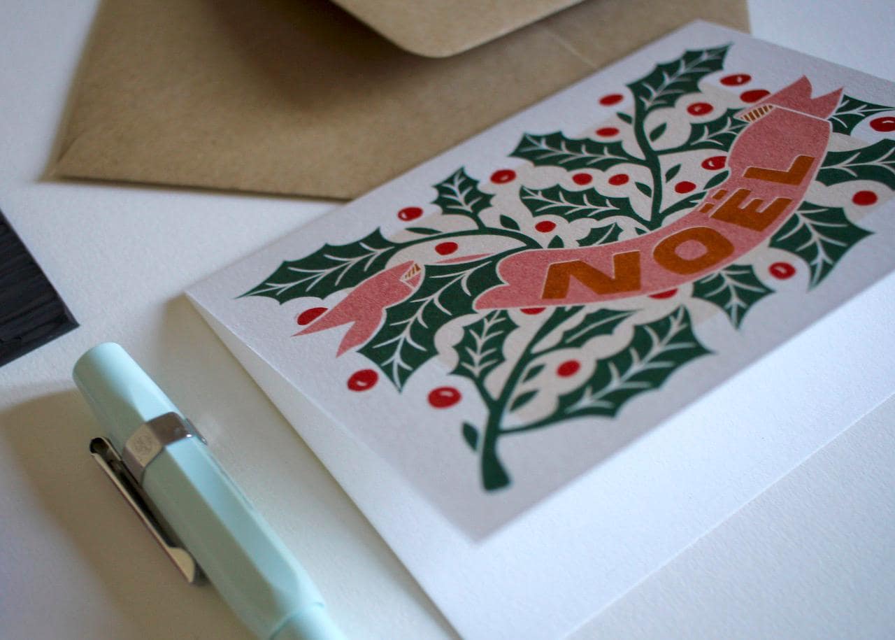 Linocut Holly Leaves & Berries Noël Card