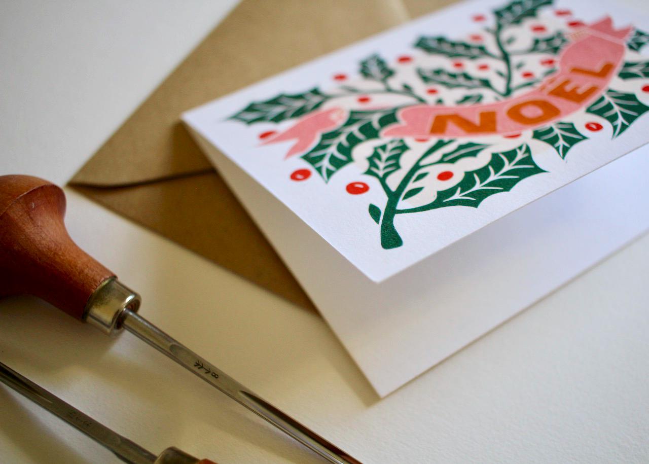 Linocut Holly Leaves & Berries Noël Card