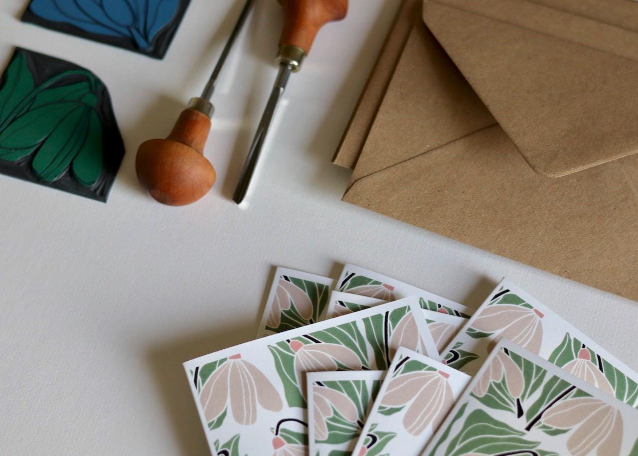 Adventures in Print notecards are carefully printed in-house, cut and creased by hand. They feature Pamela’s original linocut artwork in a modern and colourful palette.