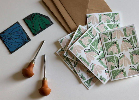 Small batch printed notecards in a set of 8 with envelopes. These notecards are printed in Norfolk UK by Pamela and feature her original linocut floral artwork.