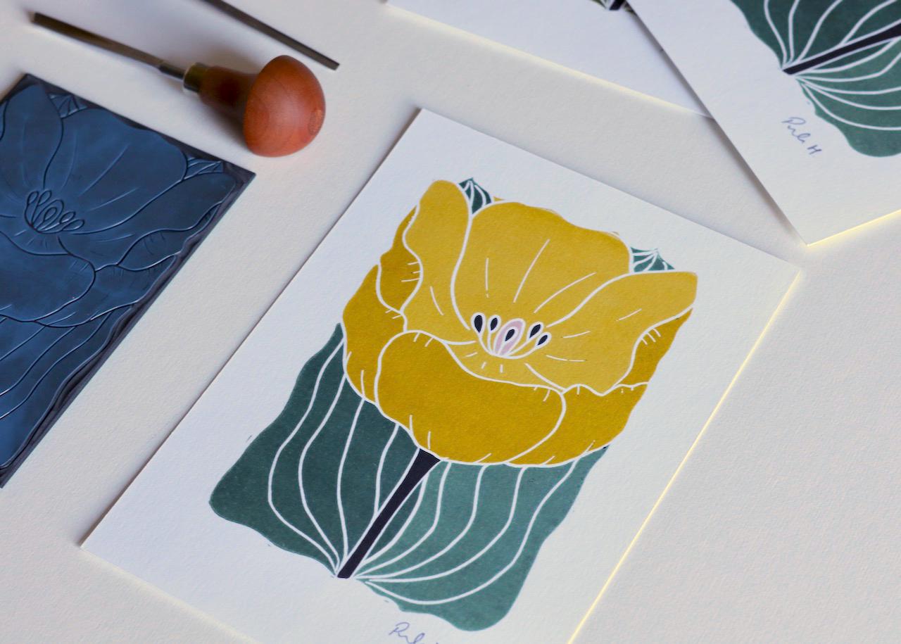 Linocut Tulip in Bloom Art Print | Yellow Tulip Spring Flower Linocut Wall Art / A5 or A4 Art Print on Cotton Paper / Tulip linocut artwork