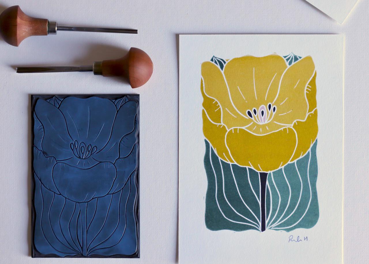 Linocut Tulip in Bloom Art Print | Yellow Tulip Spring Flower Linocut Wall Art / A5 or A4 Art Print on Cotton Paper / Tulip linocut artwork