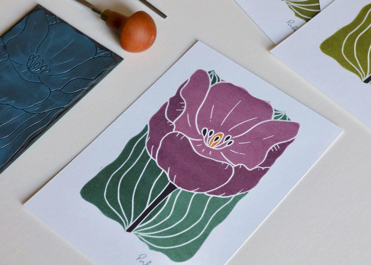 Linocut Tulip in Bloom Art Print | Purple Tulip Spring Flower Linocut Wall Art / A5 or A4 Art Print on Cotton Paper / Tulip linocut artwork