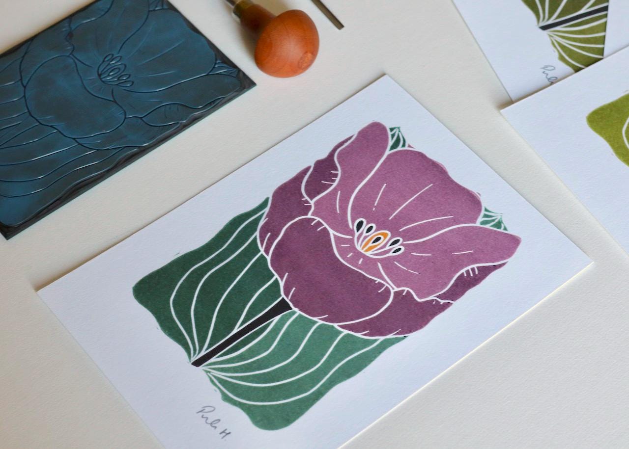 Linocut Tulip in Bloom Art Print | Purple Tulip Spring Flower Linocut Wall Art / A5 or A4 Art Print on Cotton Paper / Tulip linocut artwork