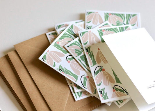 Small batch printed notecards in a set of 8 with envelopes. These notecards are printed in Norfolk UK by Pamela and feature her original linocut floral artwork.