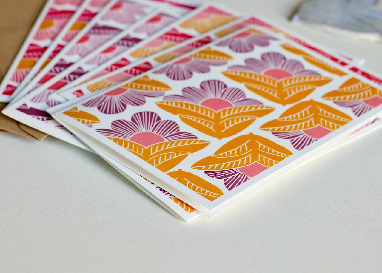 Handmade Linocut Sunrise Flowers Notecards | Abstract Floral Print Cards | Modern Botanical Stationery | Pack of 8 Blank Cards & Envelopes