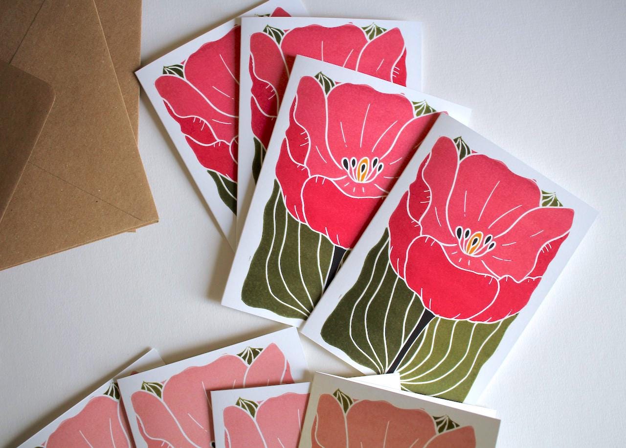 Large Single Tulip Flower Notecards - Set of 8 | Romantic Pink Linocut Tulip Note Cards / Blank Inside / Correspondence Cards & Envelopes