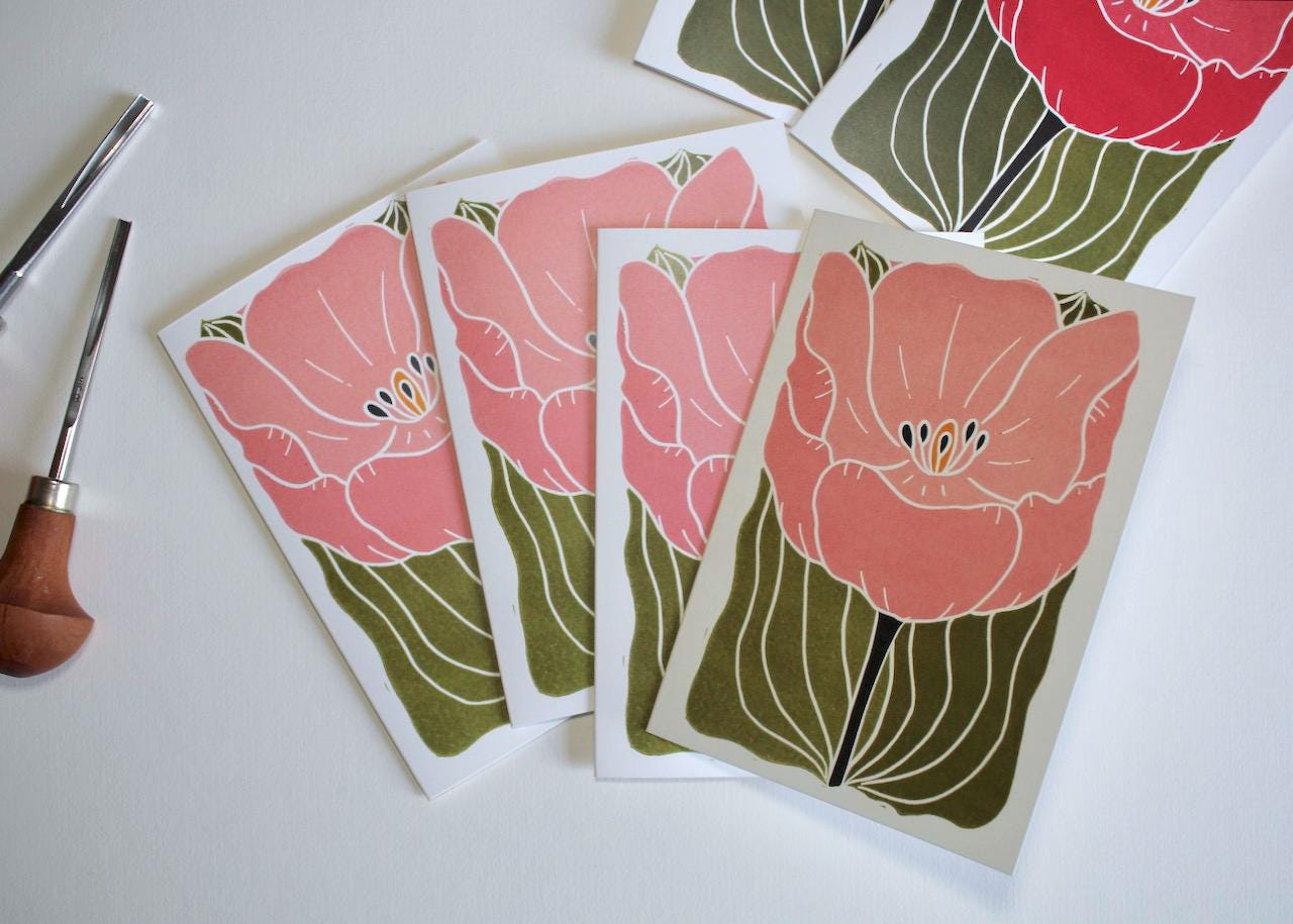 Large Single Tulip Flower Notecards - Set of 8 | Romantic Pink Linocut Tulip Note Cards / Blank Inside / Correspondence Cards & Envelopes