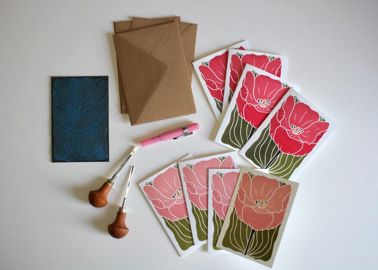 Large Single Tulip Flower Notecards - Set of 8 | Romantic Pink Linocut Tulip Note Cards / Blank Inside / Correspondence Cards & Envelopes