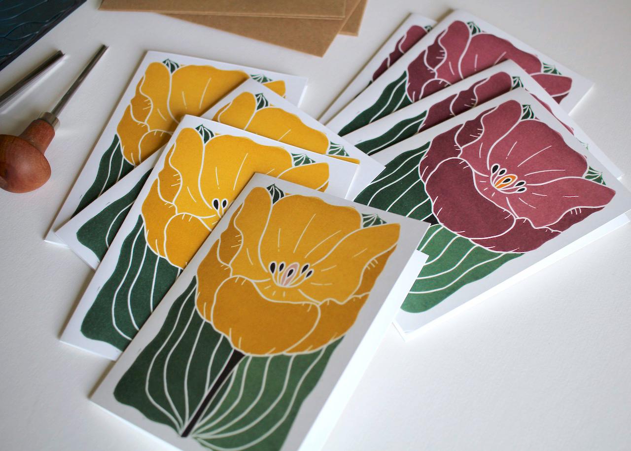 Large Single Tulip Flower Notecards - Set of 8 | Colourful Yellow & Purple Linocut Floral Note Cards / Blank Inside / Correspondence Cards