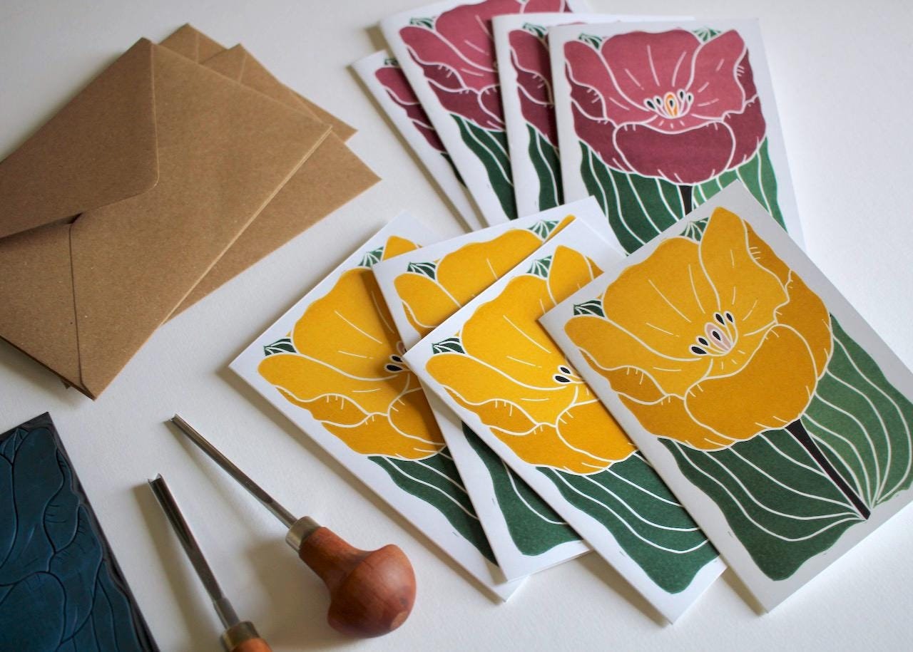 Large Single Tulip Flower Notecards - Set of 8 | Colourful Yellow & Purple Linocut Floral Note Cards / Blank Inside / Correspondence Cards