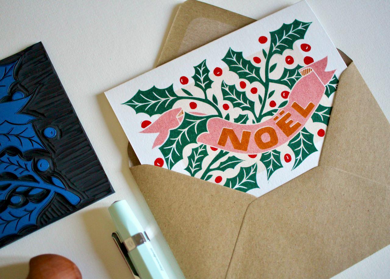 Linocut Holly Leaves & Berries Noël Card