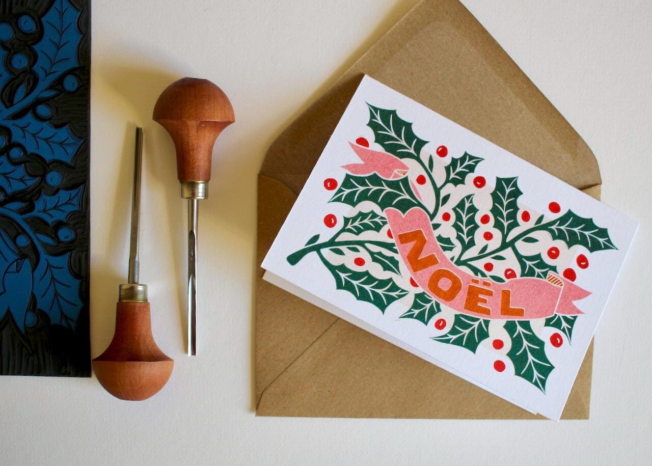 Linocut Holly Leaves & Berries Noël Card