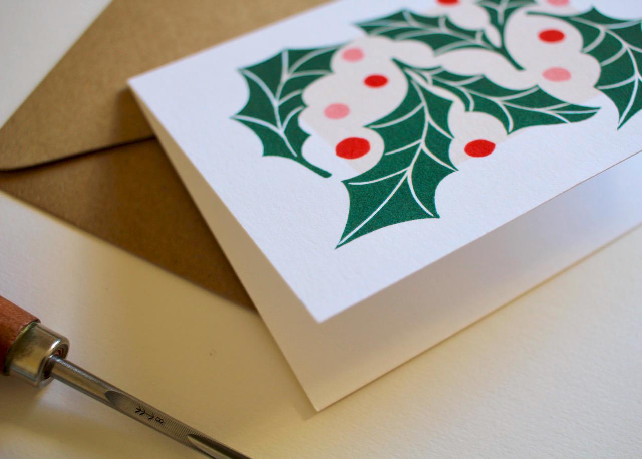 Jolly Holly Leaves & Berries Christmas Card - Single Card with Envelope