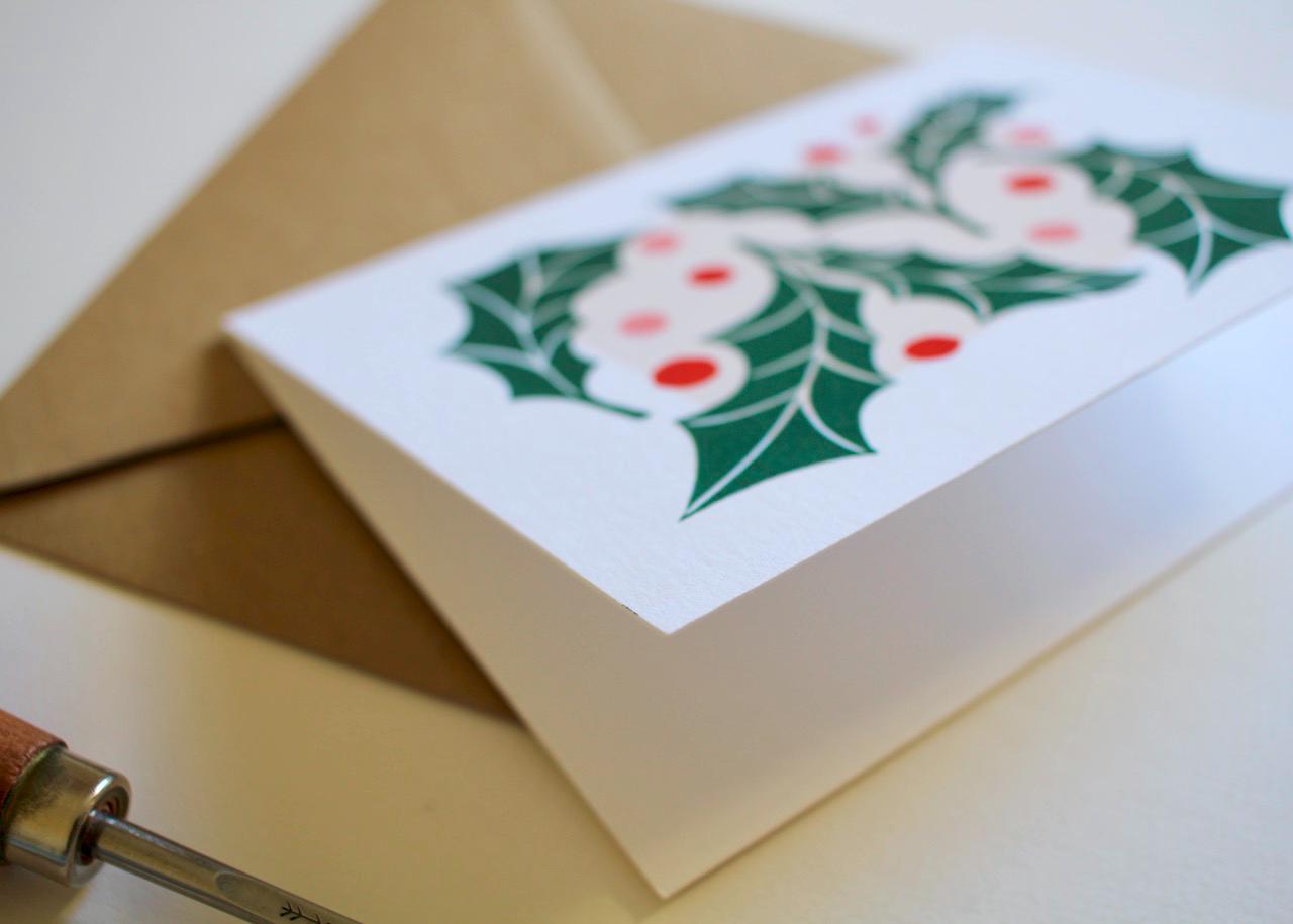 Jolly Holly Leaves & Berries Christmas Card - Single Card with Envelope